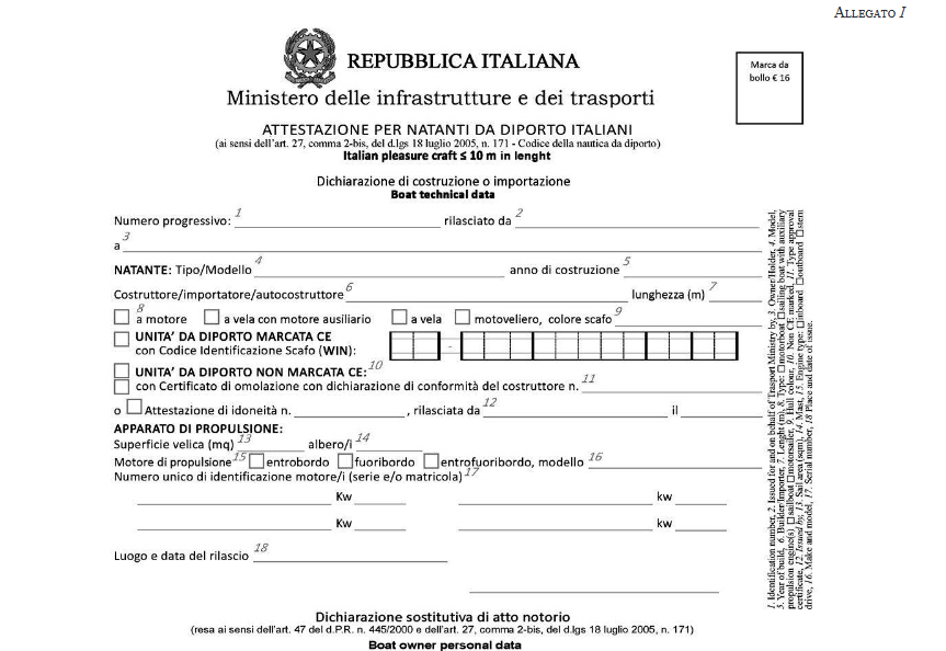 Attestazione per Natanti da Diporto Italiani